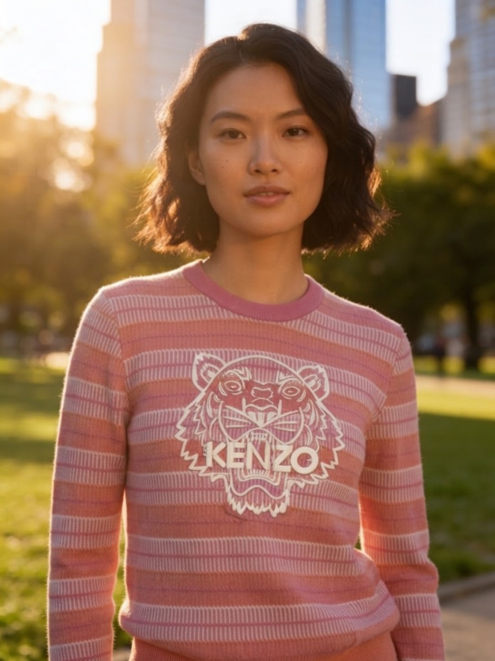 Kenzo Paris Tiger Logo Pink Striped Cotton Sweater Size Medium